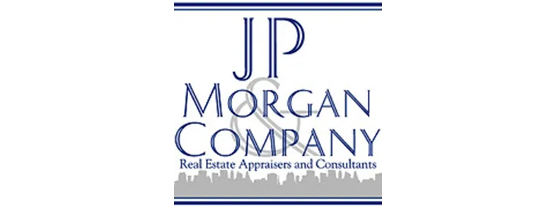 Logo of JP Morgan Company with tagline Real Estate Appraisers and Consultants and city skyline graphic below.