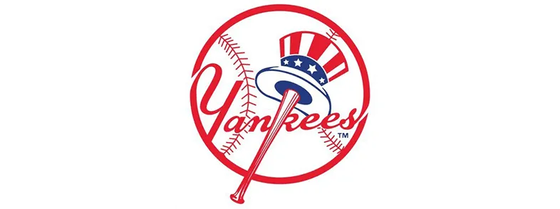 New York Yankees logo featuring a red baseball bat topped with a red, white, and blue Uncle Sam hat inside a red baseball circle with the word 'Yankees' in red script.