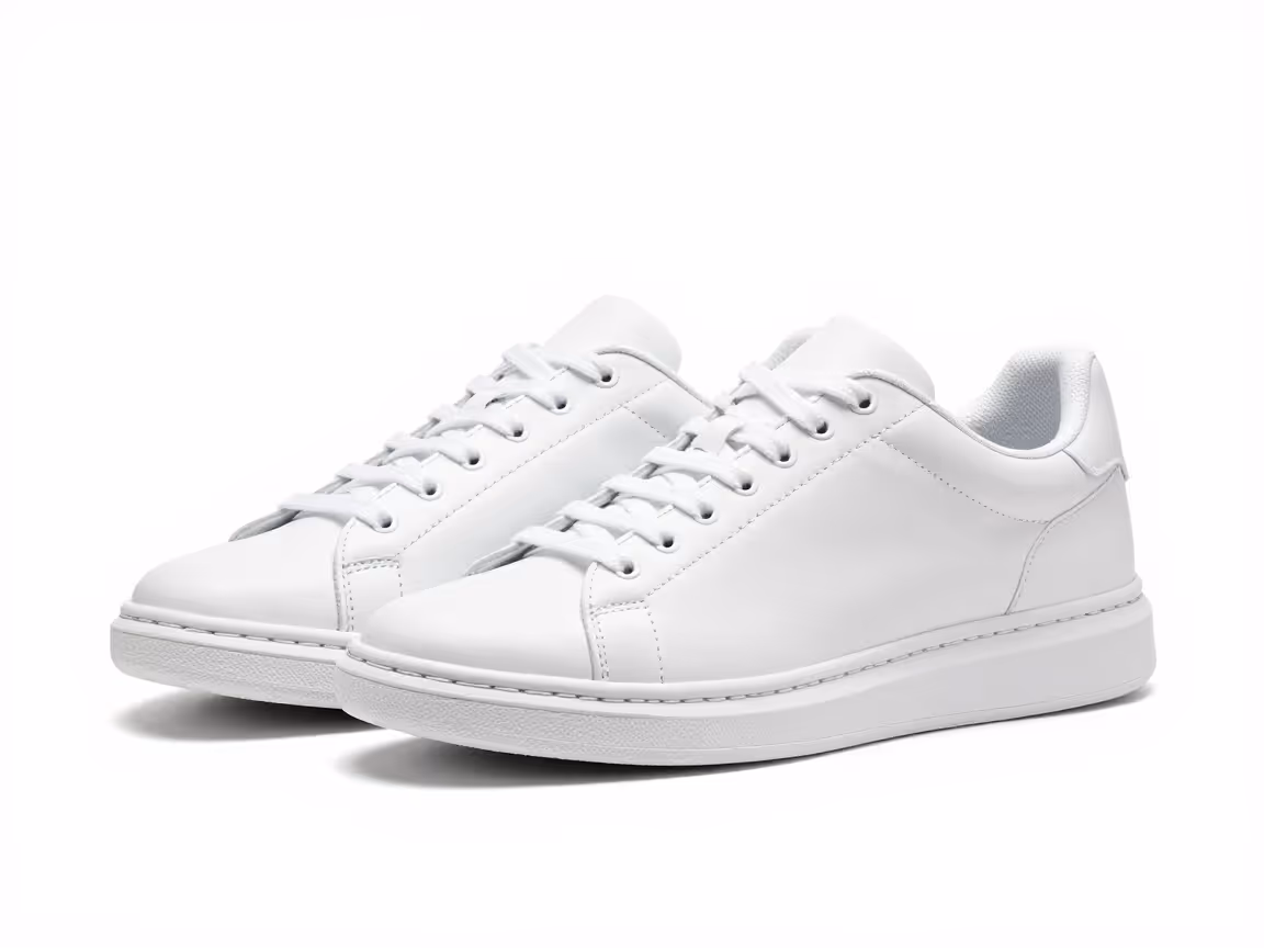 Pair of white low-top leather sneakers with laces on a white background.