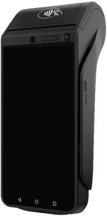 Black handheld payment terminal with touchscreen and contactless payment symbol on top.