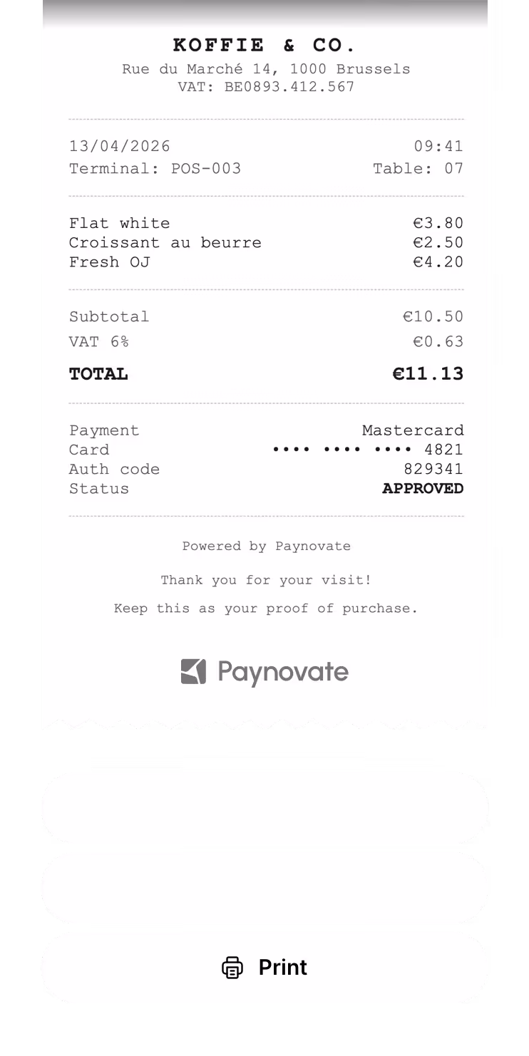 Receipt from KOFFIE & CO in Brussels for coffee, croissant, and juice, total €11.13, paid by Mastercard.