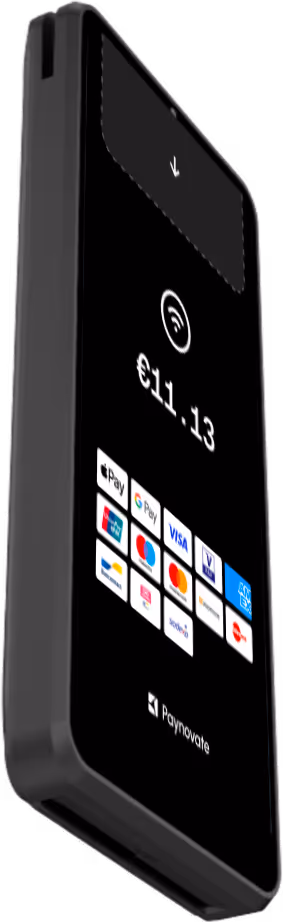 Black Paynowate contactless payment terminal showing amount €11.13 and multiple payment options.