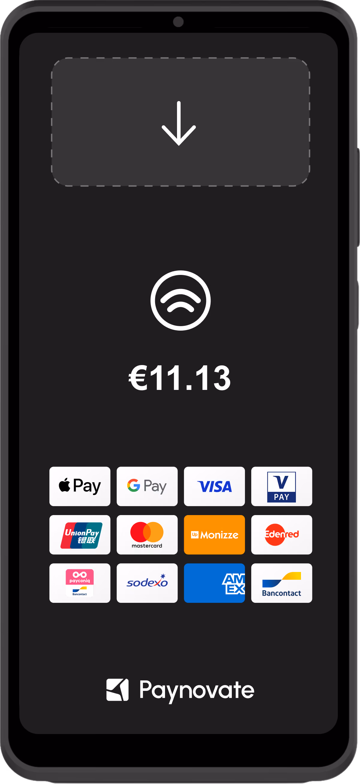 Black Paynowate contactless payment terminal showing amount €11.13 and multiple payment options.