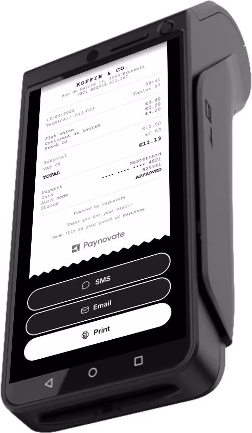 A handheld payment terminal displaying a digital receipt with options to SMS, email, or print the receipt.