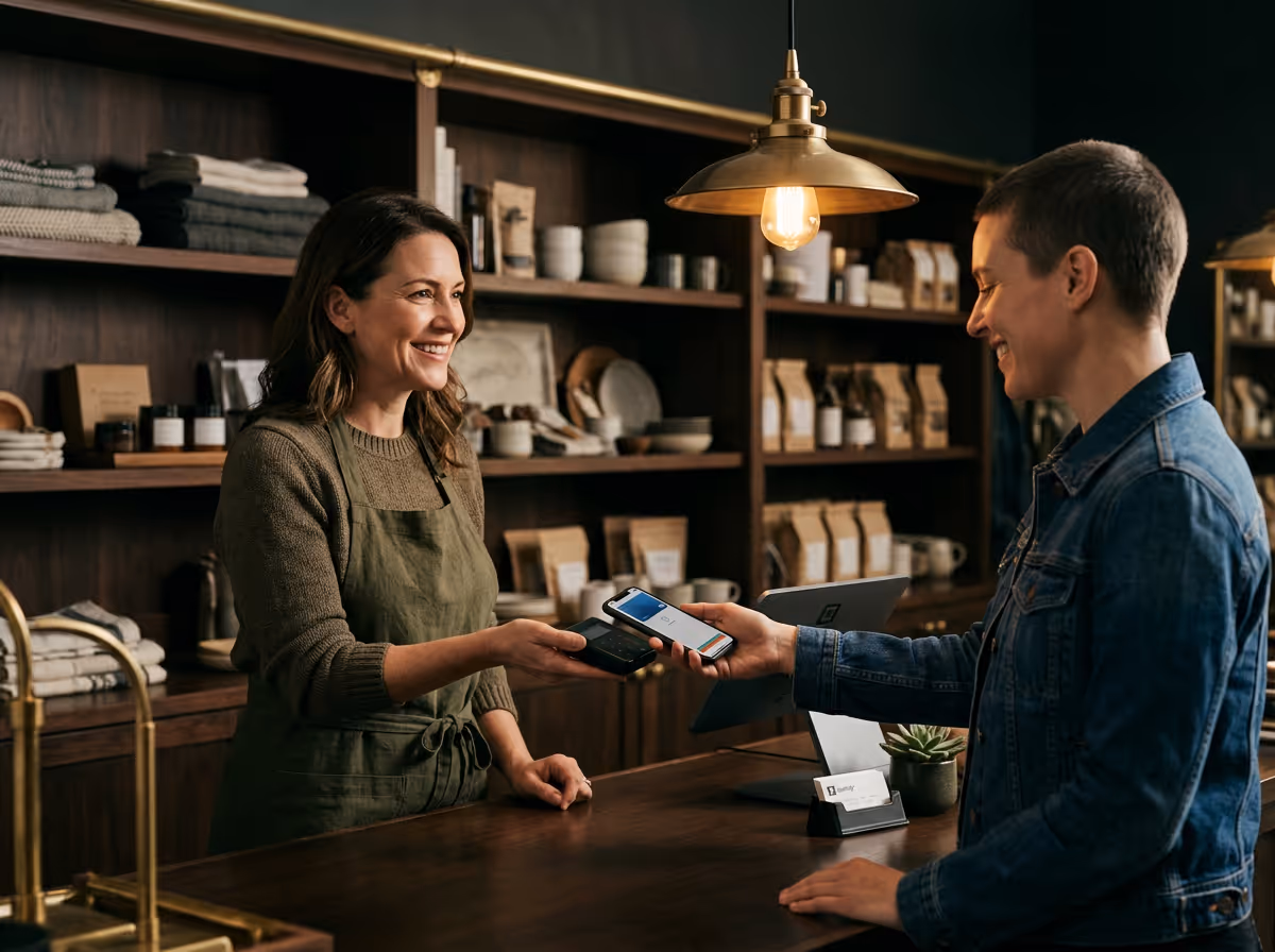 Customer paying with a smartphone at a cozy store counter while the smiling clerk holds a card reader.