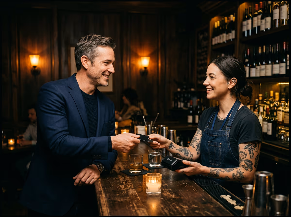 Man at bar paying bartender with card, both smiling, surrounded by drinks and bottles.