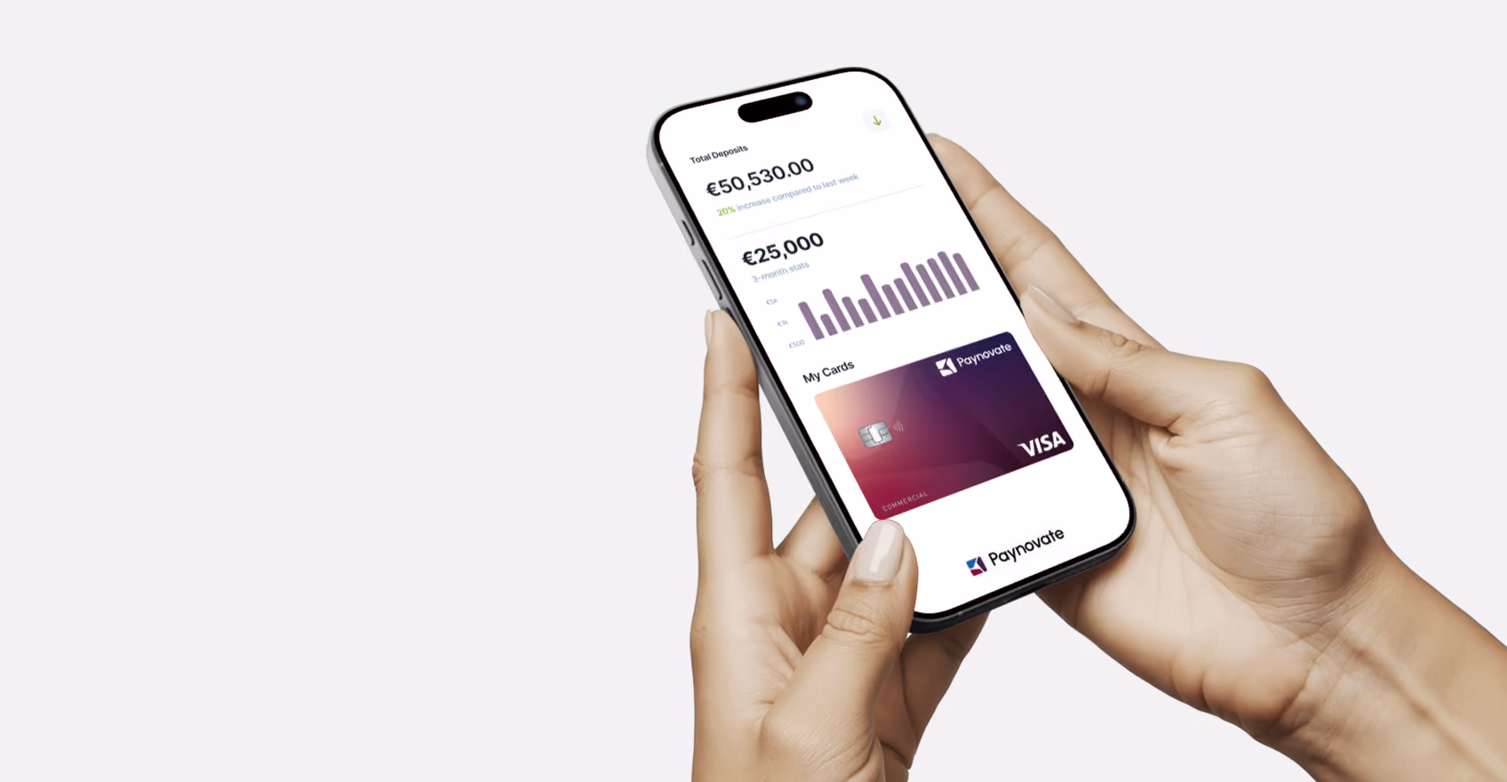 Hands holding a smartphone showing financial app with deposits, stats, and virtual credit cards.