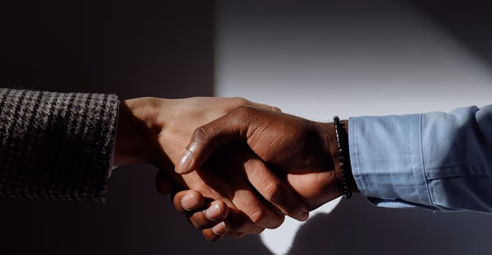 Handshake between two people, one wearing a checkered jacket, the other a light blue shirt.