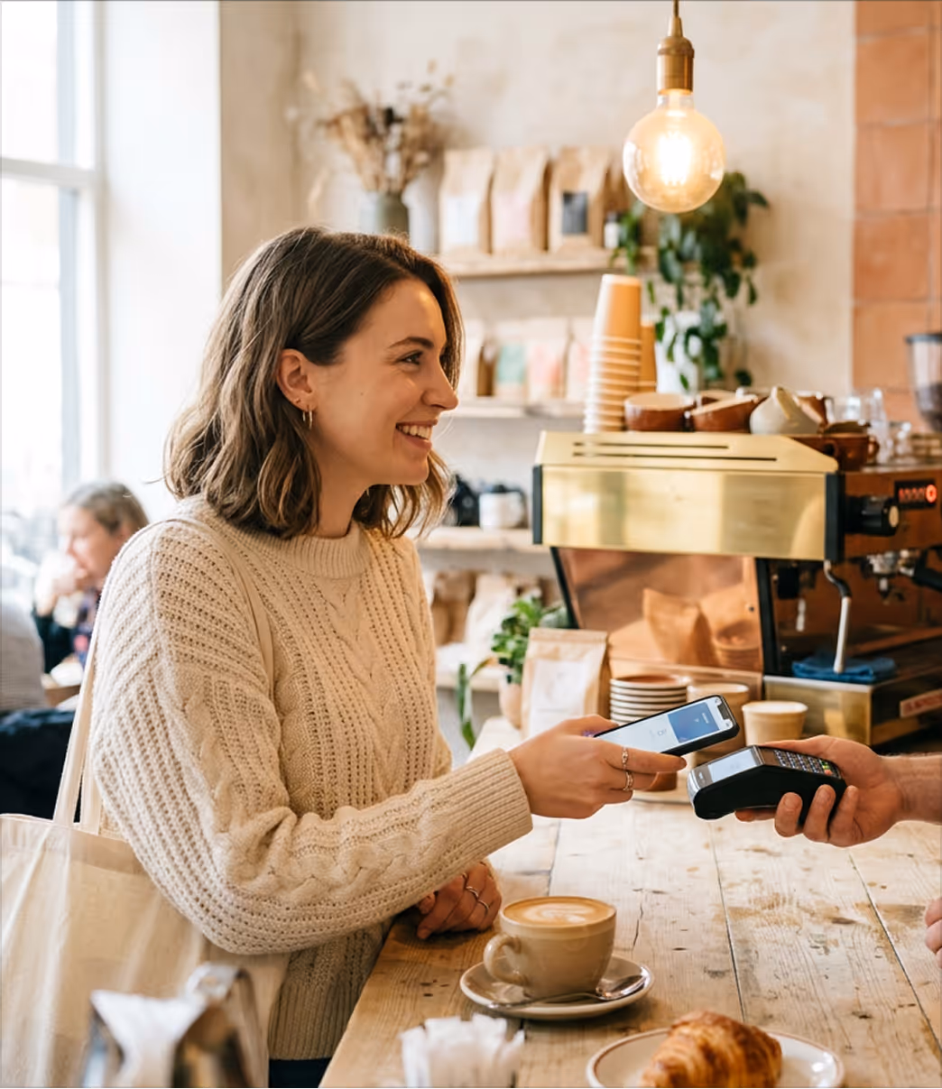 Woman smiling while paying with phone at a cafe counter with coffee and pastry nearby.