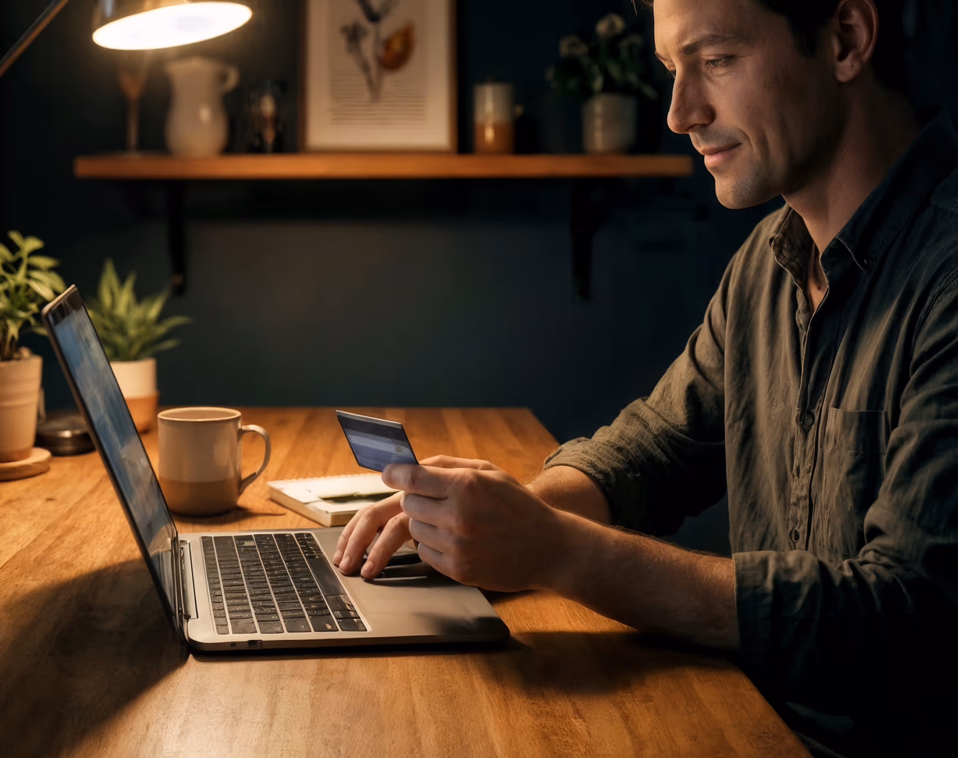 Man sitting at a wooden table using laptop and holding a credit card for online payment.
