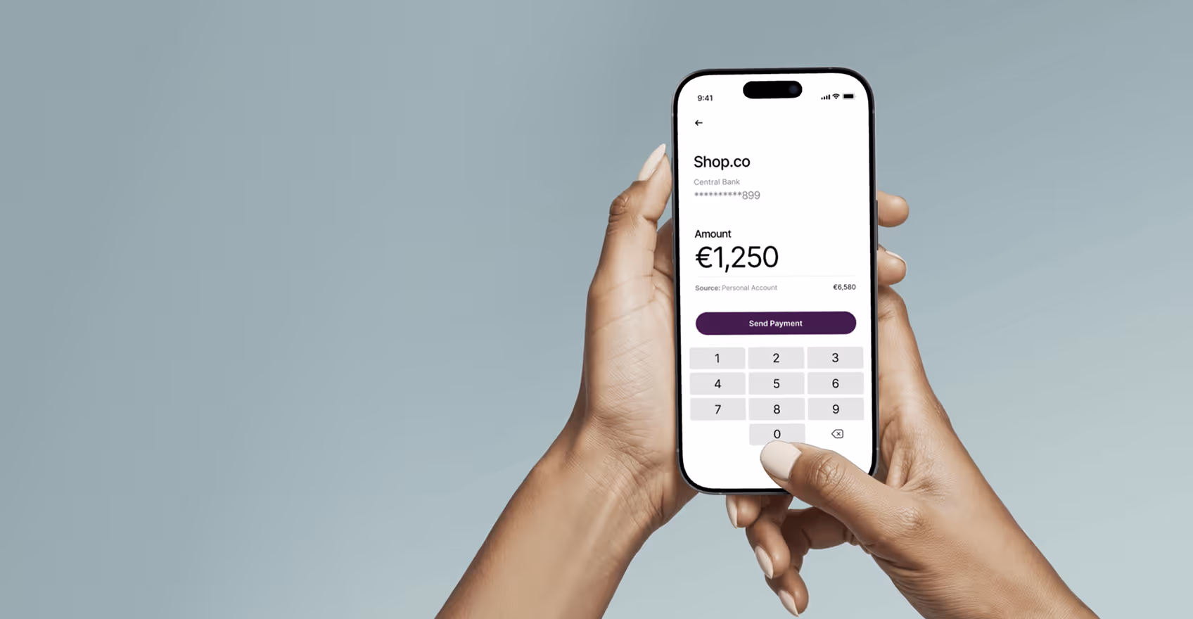 Person holding phone showing payment app sending €1,250 to Shop.co from personal account.