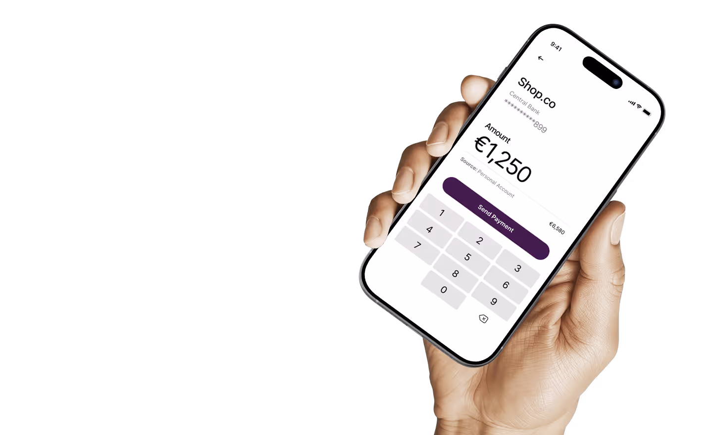 Hand holding smartphone displaying Shop.co app with a €1,250 payment screen and keypad.
