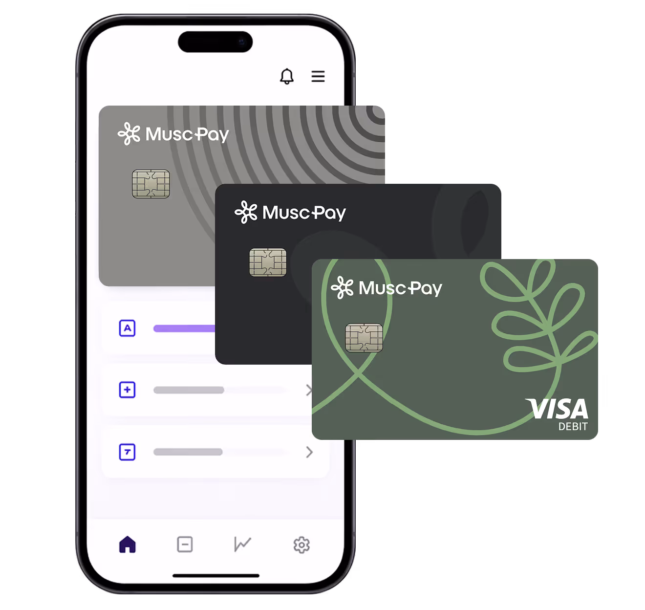 Smartphone screen with three overlapping credit cards labeled Your Brand and cardholder Jane Doe.