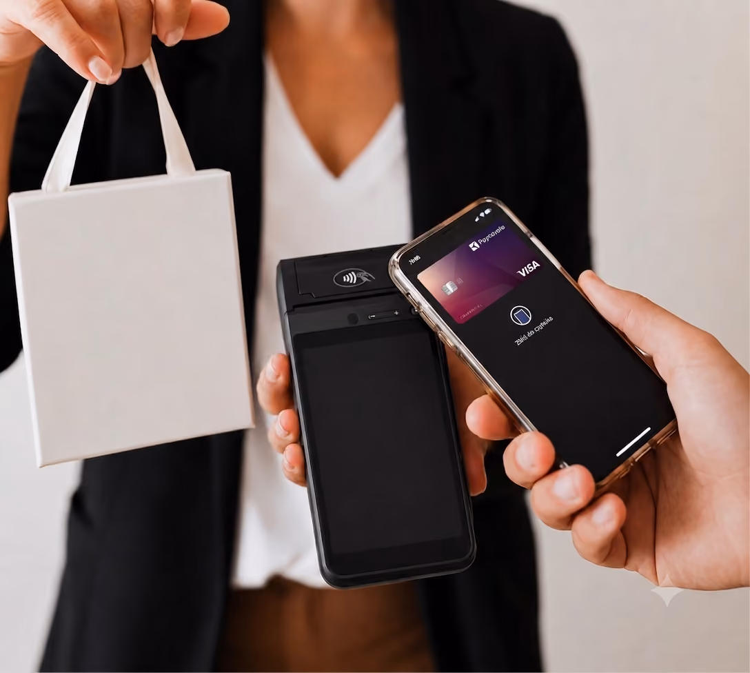 Person holding a white shopping bag and a card reader while another pays with a phone via contactless payment.