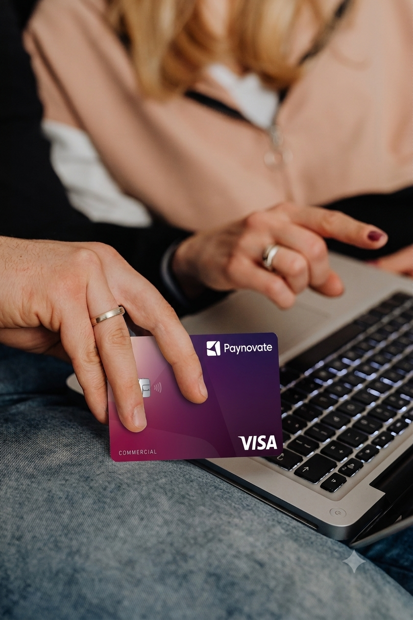 Hands holding a credit card and typing on a laptop keyboard for online payment.