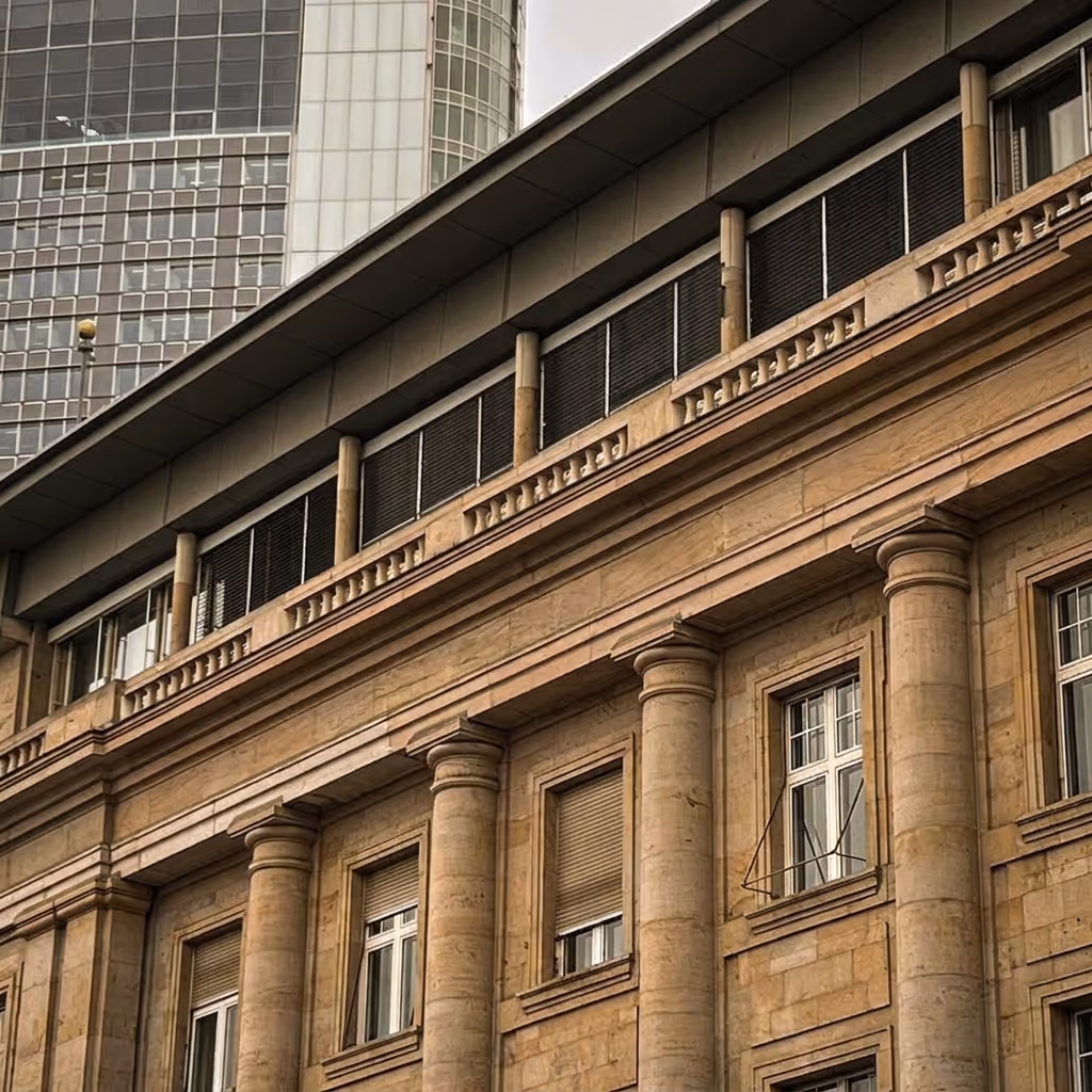 Facade of a classical stone building with columns and modern glass skyscraper behind it.