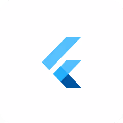 Flutter logo with overlapping blue geometric shapes forming an abstract 'F'.