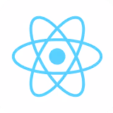 Blue React logo symbol with three orbital rings around a central dot on a white rounded square background.