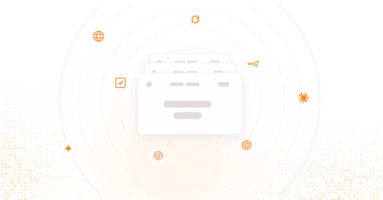 Three stacked stylized browser windows surrounded by icons including a globe, checkmark, fingerprint, and network symbols against an orange dotted background.