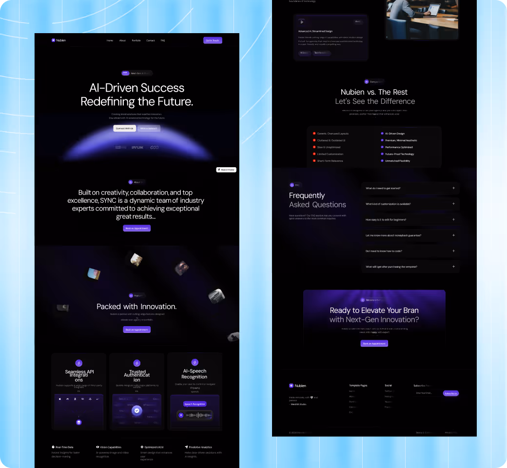Website homepage design for Nubien featuring AI-driven success, innovation, seamless API integration, trusted authentication, and AI-speech recognition sections with a dark theme and purple highlights.