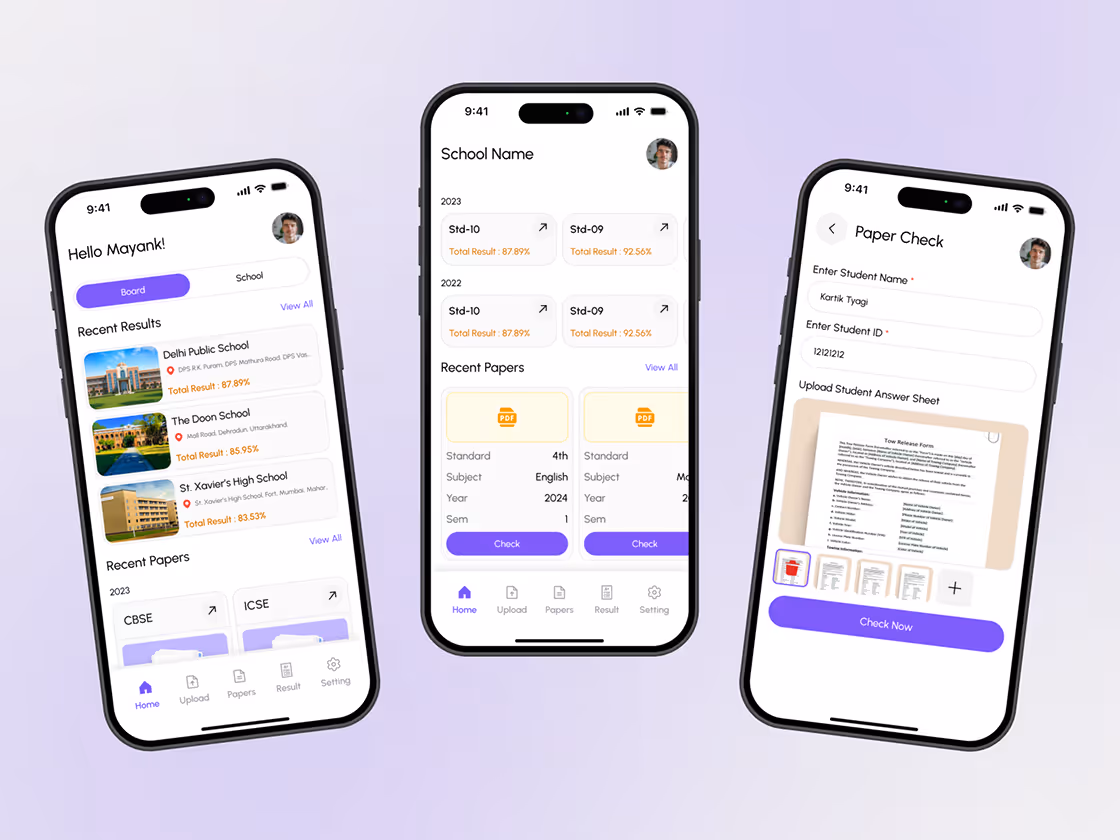 Three smartphones showing a student results app interface with recent results, school papers, and a paper check screen for uploading student answer sheets.