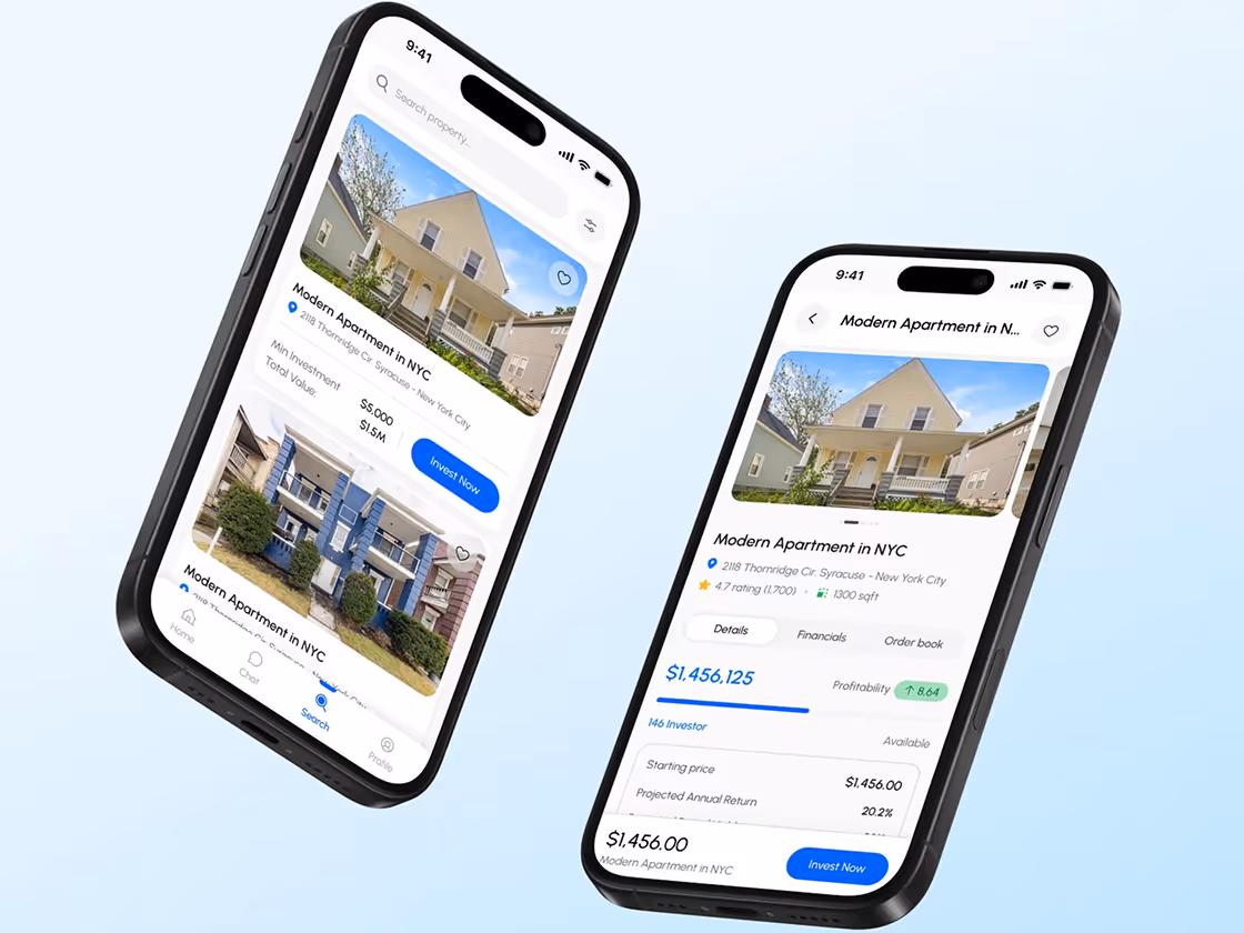 Two smartphones displaying a real estate investment app showing details and investment options for modern apartments in NYC.