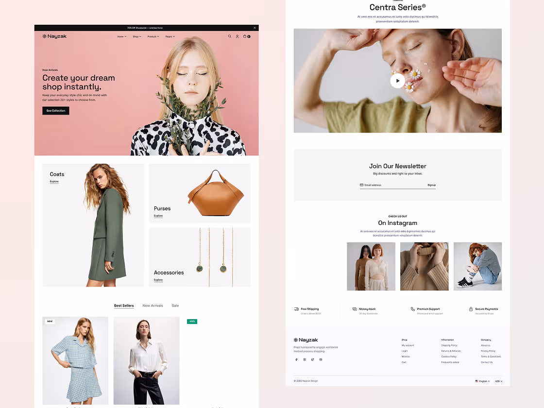 E-commerce webpage layout featuring a woman with eyes closed holding greenery, categories for coats, purses, and accessories, and a newsletter signup.
