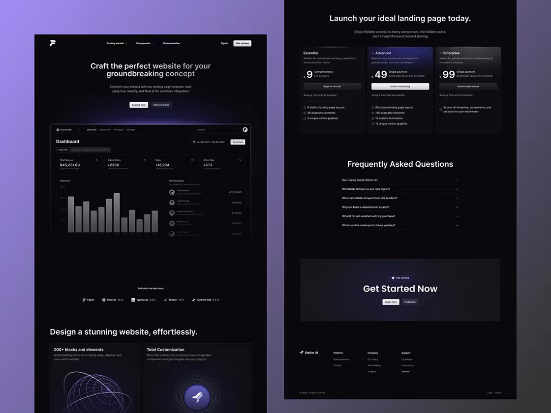 Website landing page preview showcasing a dark-themed dashboard interface, pricing plans, FAQs, and a call-to-action to get started now.