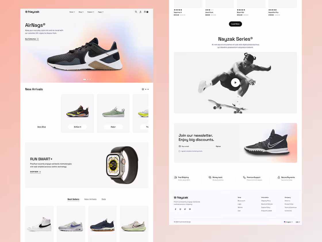 E-commerce website layout showing a shoe product banner, new arrivals with sneaker images, smartwatch advertisement, video section with skateboarder, newsletter signup, and footer with shipping and support info.