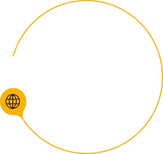 Orange circular frame with a small globe icon on the left side connected by a curved line.
