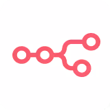 Pink network branch icon with three circles connected by lines on white background.