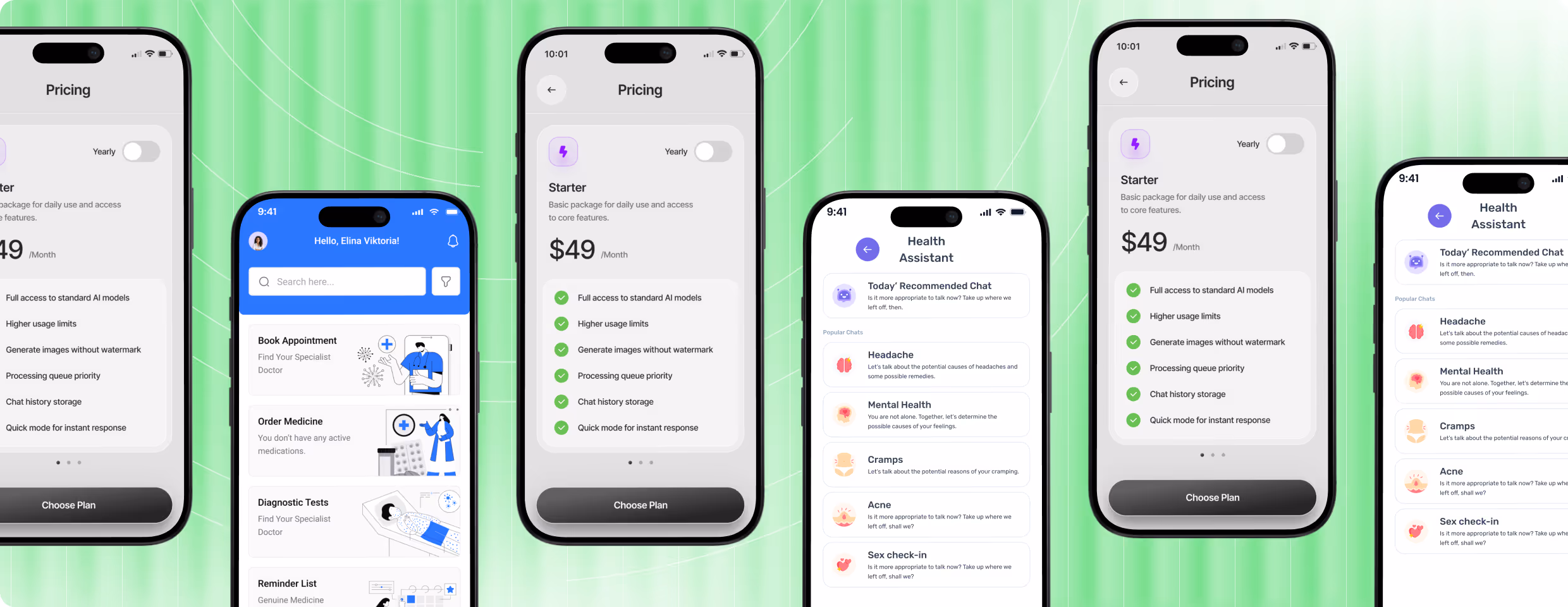 Mobile app screens showing pricing details for a Starter plan at $49 per month and a Health Assistant chat interface with options for headache, mental health, cramps, acne, and sex check-in.