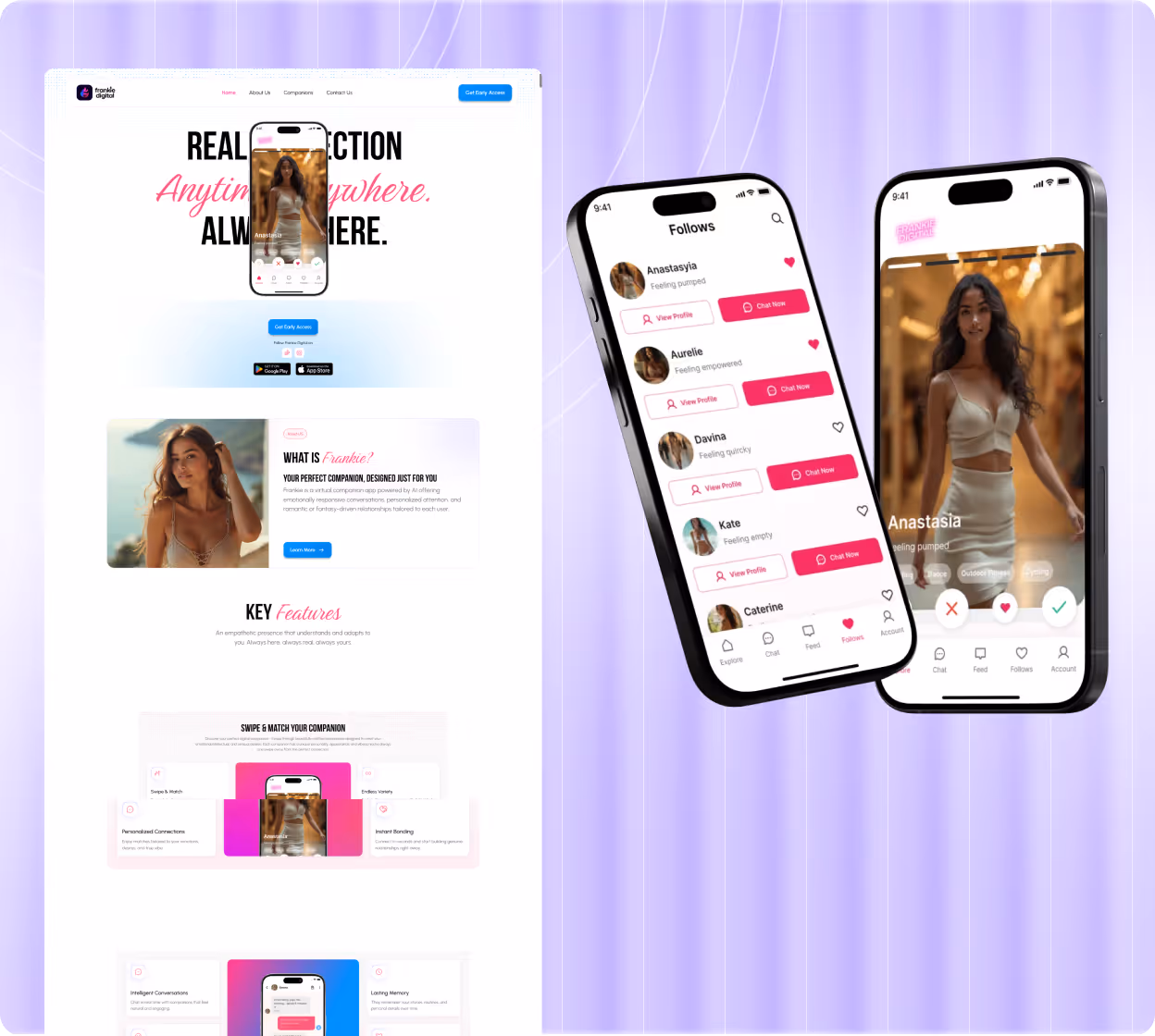 Mobile app interface showing a dating profile and chat list on two smartphones, with a purple gradient background.