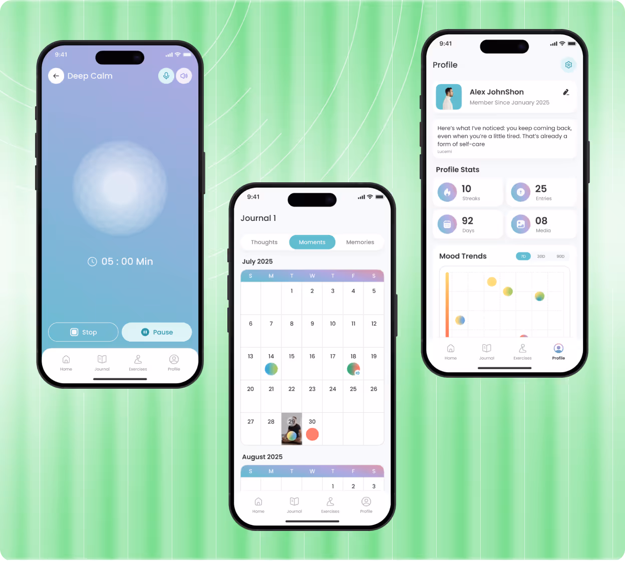 Three smartphone screens showing a meditation timer, a journal calendar for July and August 2025, and a user profile with mood trends and statistics.