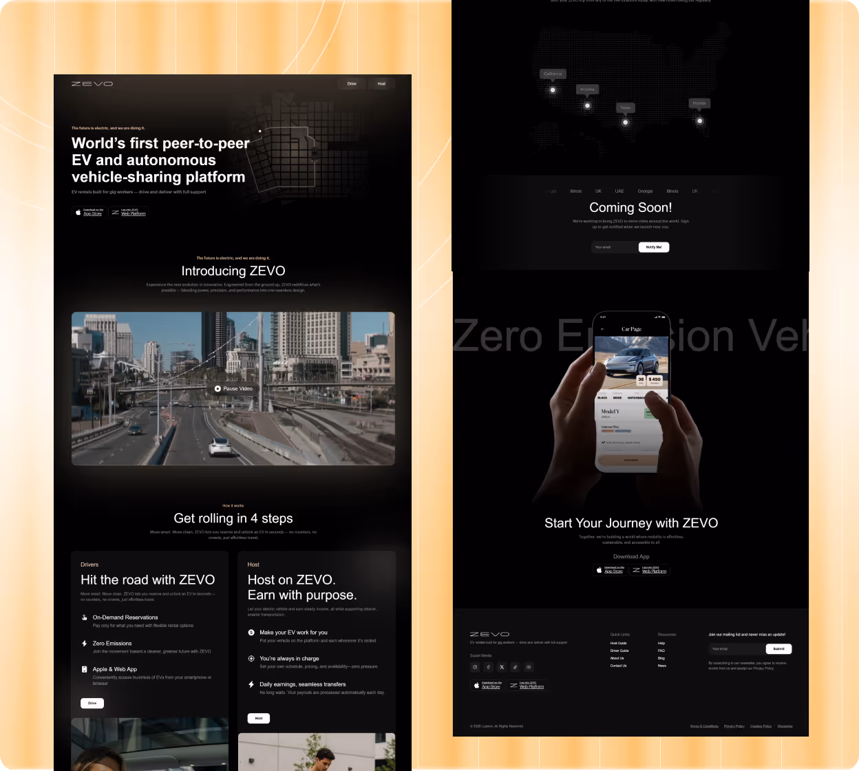 ZEVO homepage showcasing peer-to-peer EV and autonomous vehicle-sharing platform with app download options, introductory video, features for drivers and hosts, and a coming soon section.