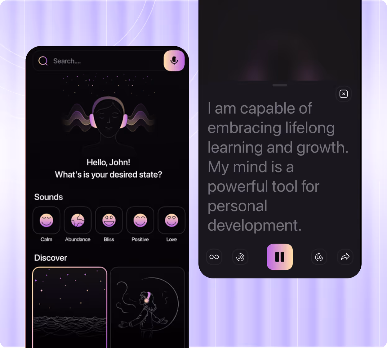 User interface of a meditation app with sound options like Calm, Abundance, Bliss, Positive, Love, and a motivational affirmation displayed.
