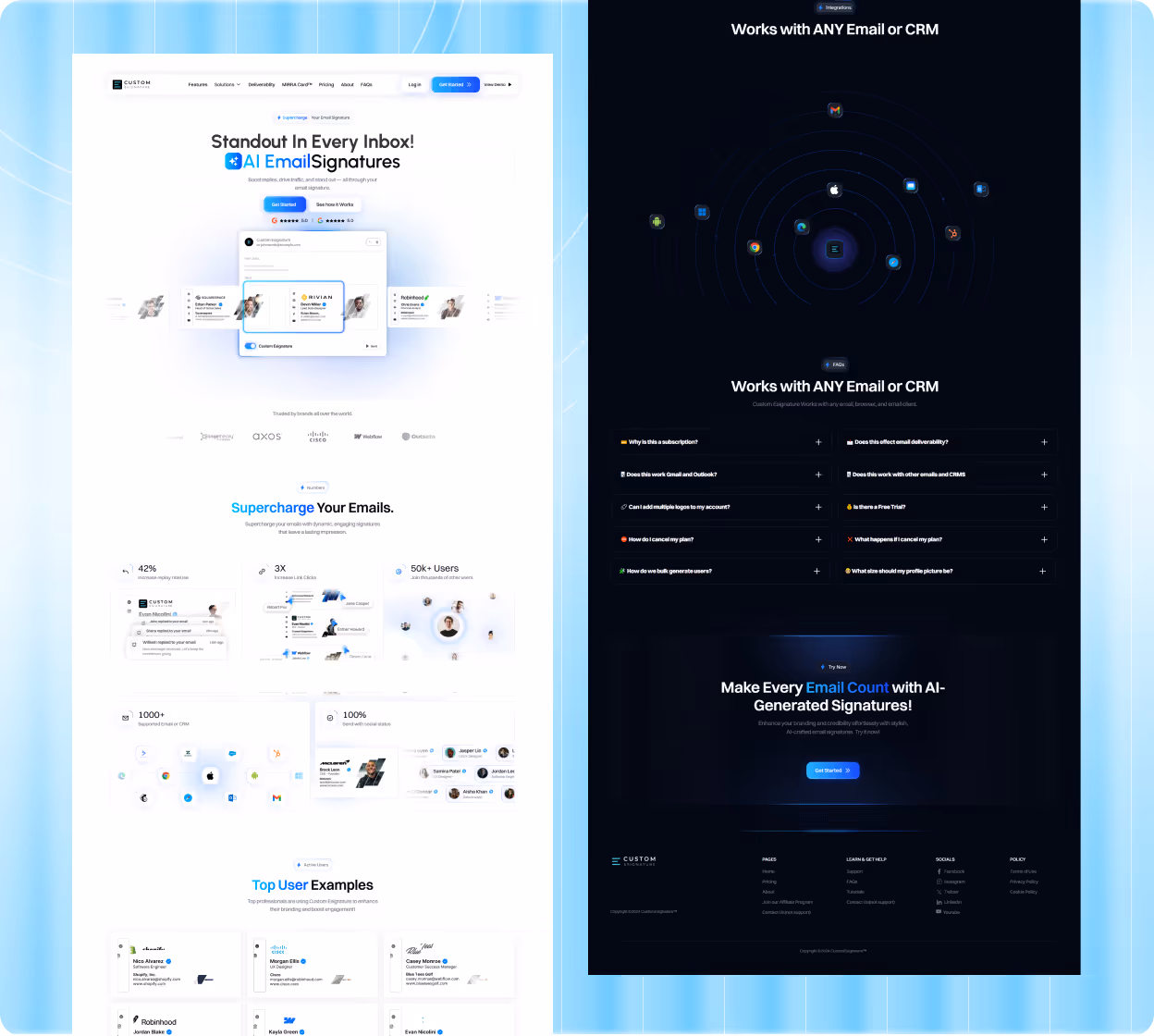 Website interface showcasing AI email signatures, user examples, integrations with email and CRM platforms, and FAQs on a split light and dark background.