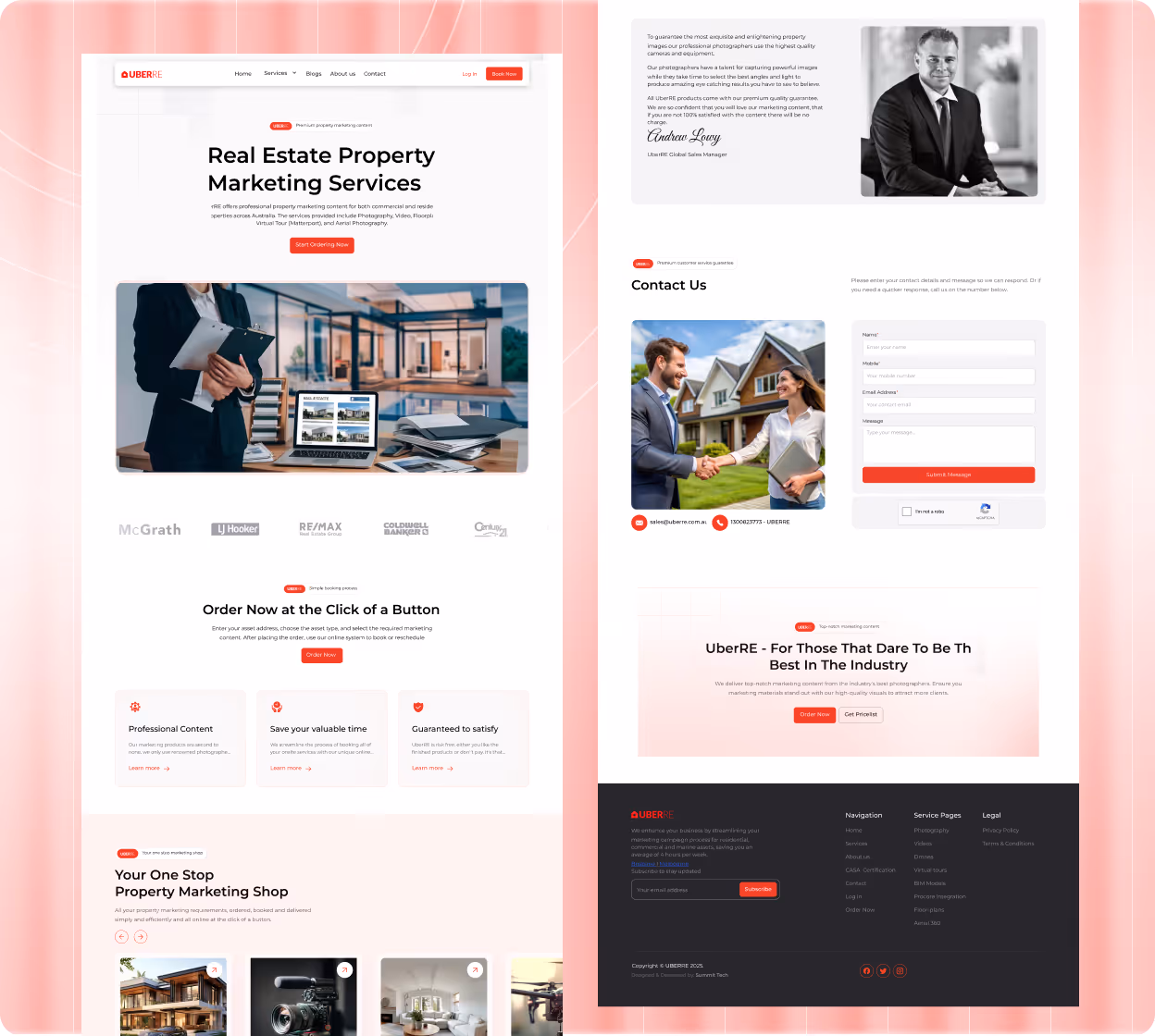 Real estate marketing services webpage with sections for ordering, client testimonials, contact form, property images, and company navigation.