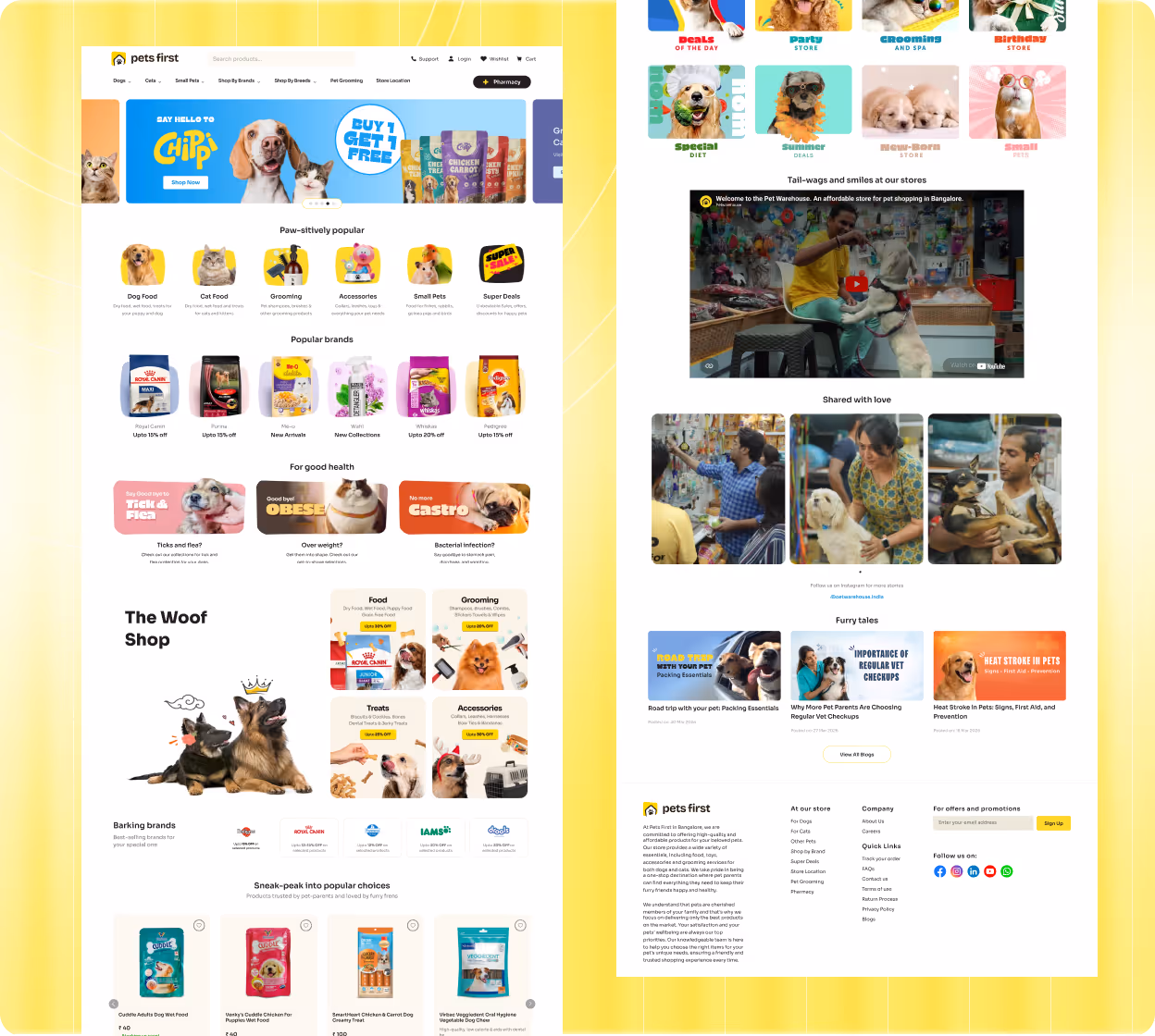 Pets First website homepage showing pet products categories, popular brands, health tips, a video, and customer stories.