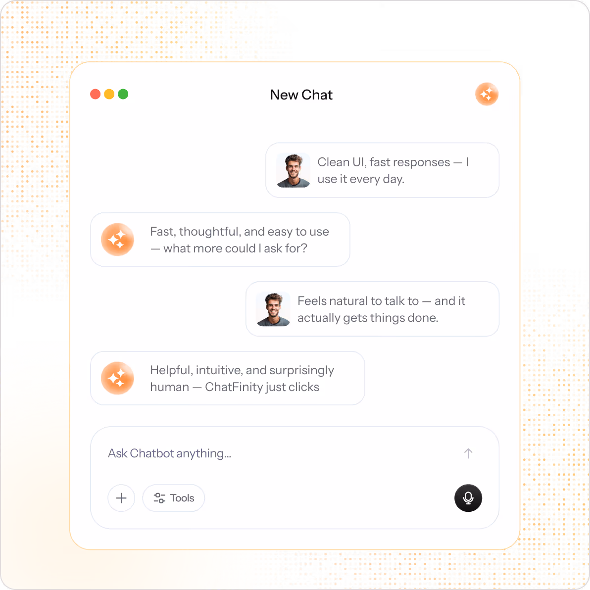 Chat interface showing user and chatbot messages praising clean UI, fast responses, helpfulness, and natural conversation.