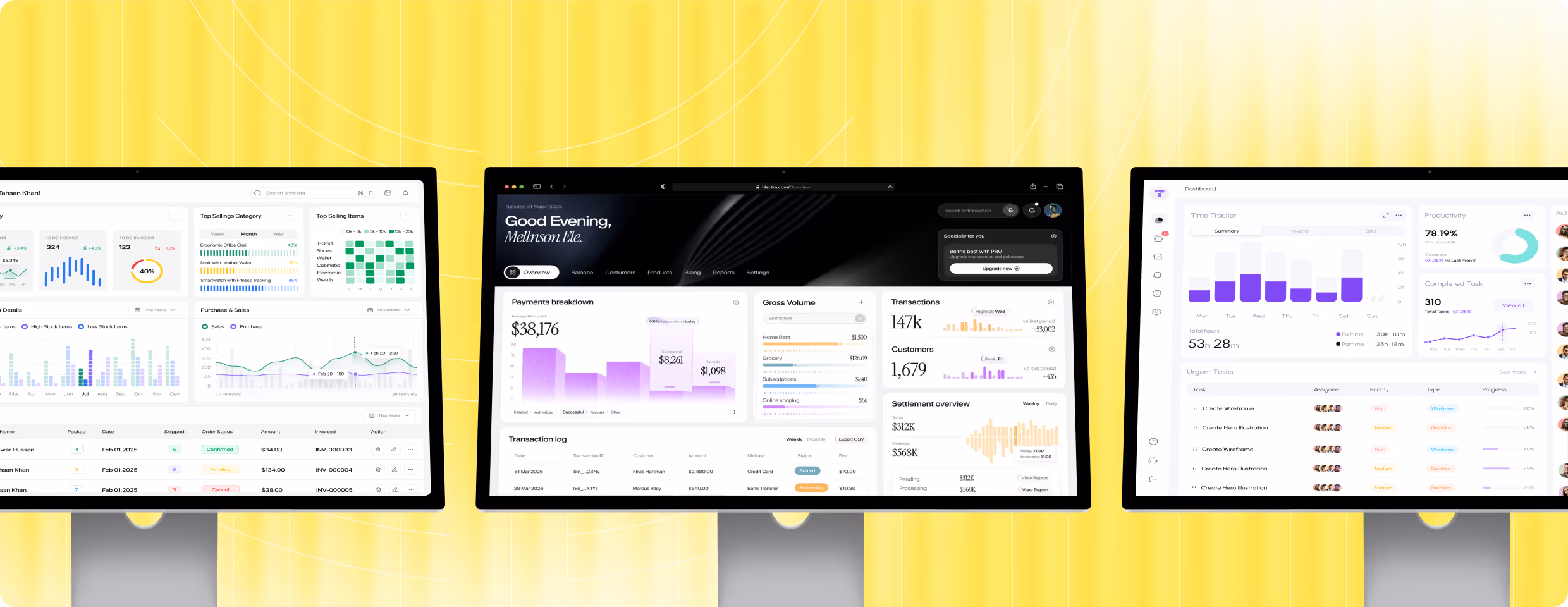 Three computer monitors displaying different data dashboards with charts, payments, transactions, and task tracking against a yellow gradient background.