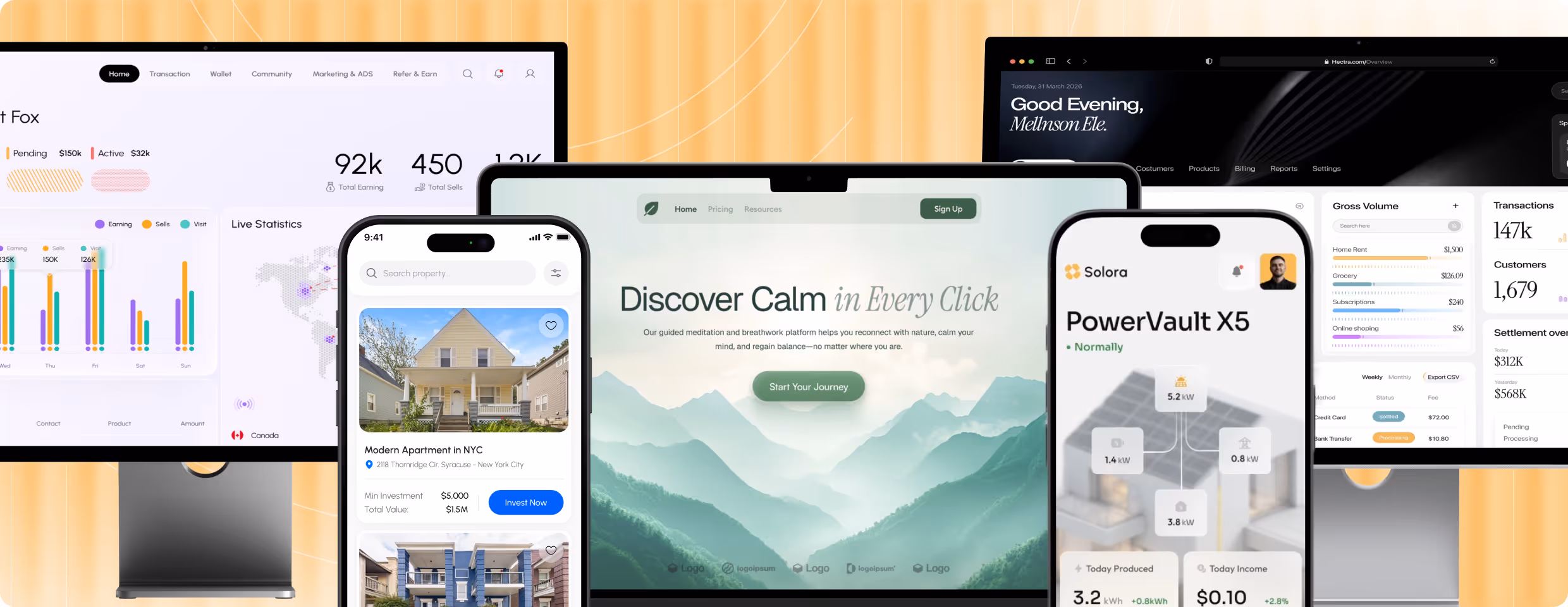 Multiple digital device screens showing financial charts, real estate listings, serene meditation app, and energy consumption data.