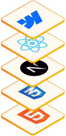 Five stacked diamond-shaped tiles with logos of software technologies: Kotlin, React, Next.js, Node.js, and HTML5 from top to bottom.