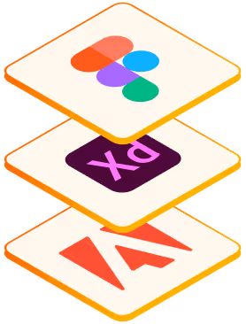 Stacked icons representing Adobe XD, Adobe Animate, and Figma design tools in a floating layered arrangement.