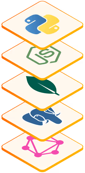 Stacked icons representing Python, Node.js, MongoDB, React, and GraphQL logos on diamond-shaped tiles.