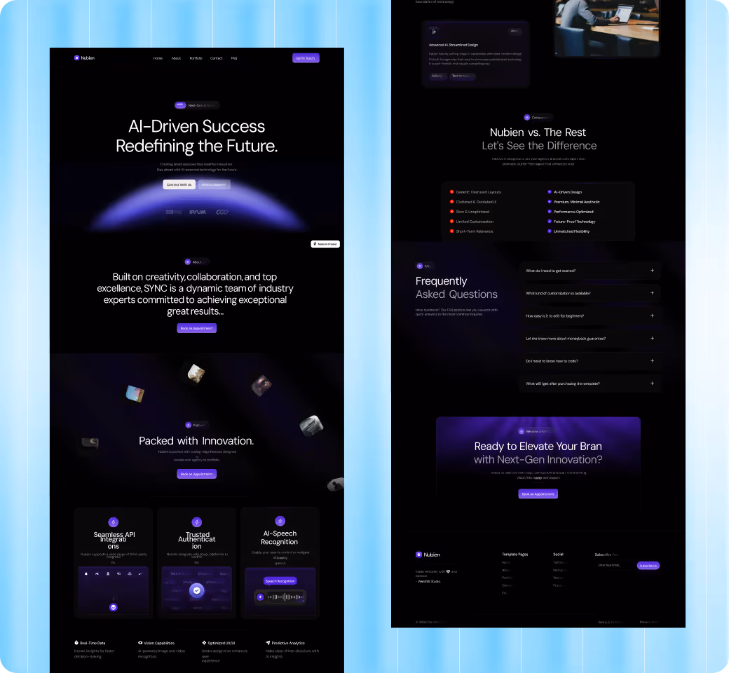 Website homepage design with AI-driven success theme, features sections like innovation, seamless API, trusted authentication, AI speech recognition, and a FAQ section.