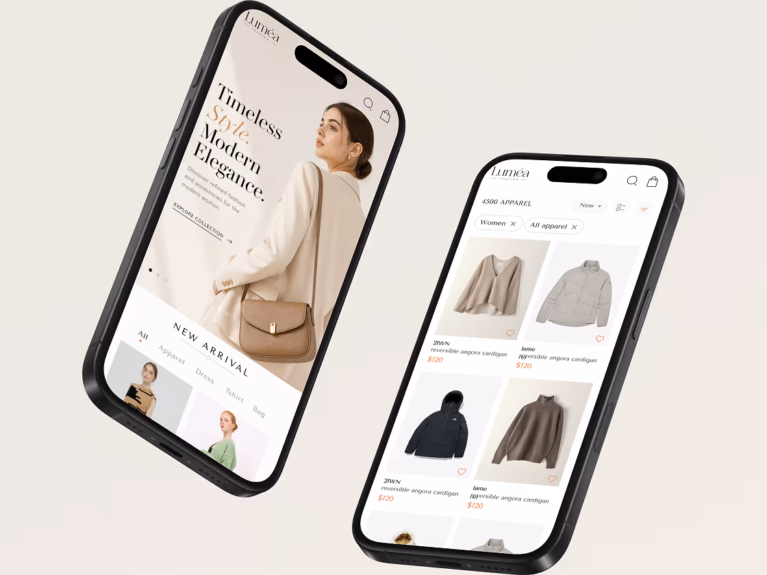Two smartphones displaying the Luméa fashion app with a woman modeling a beige coat and a list of apparel items including cardigans and jackets.