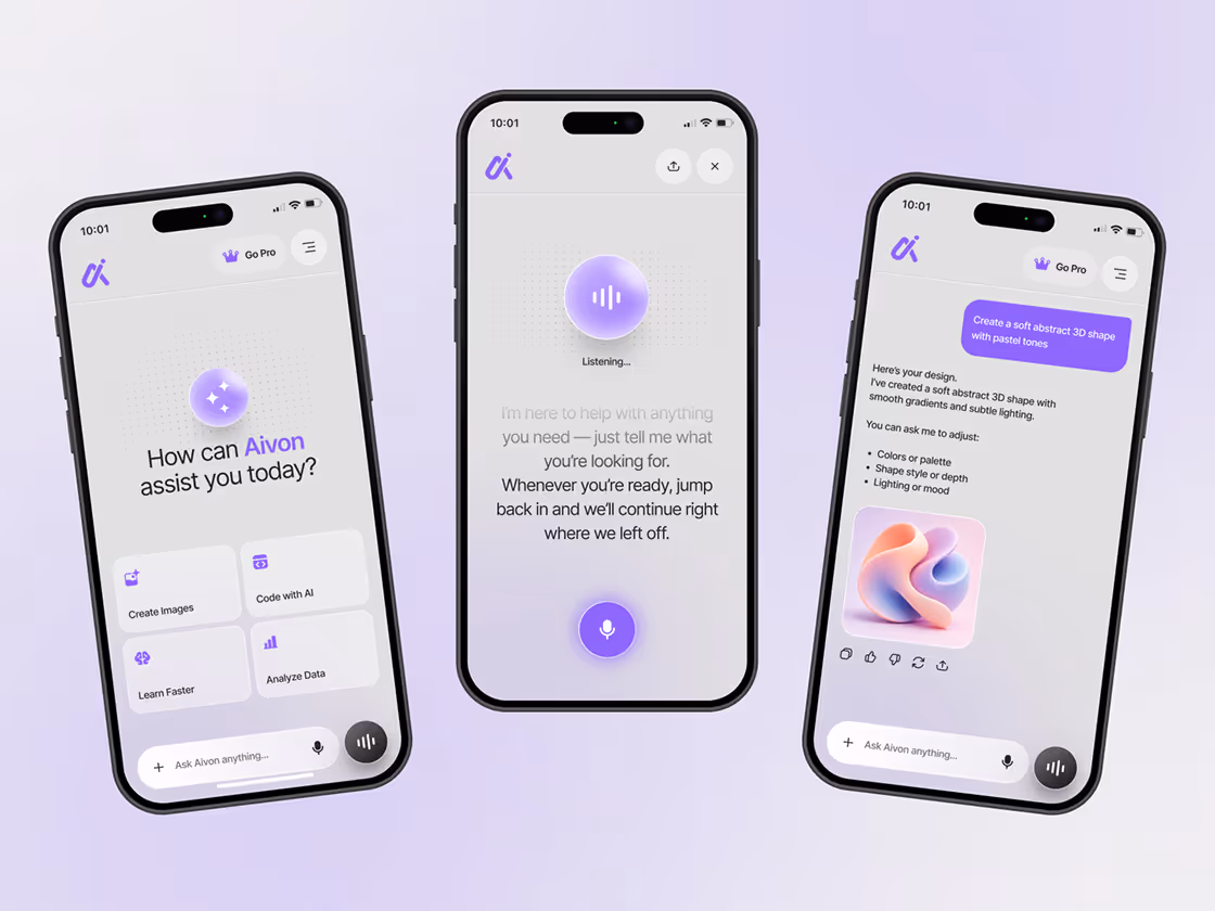Three smartphones showing an AI app interface with options to create images, code, learn, analyze data, and a voice assistant listening and design chat features with pastel 3D shape.