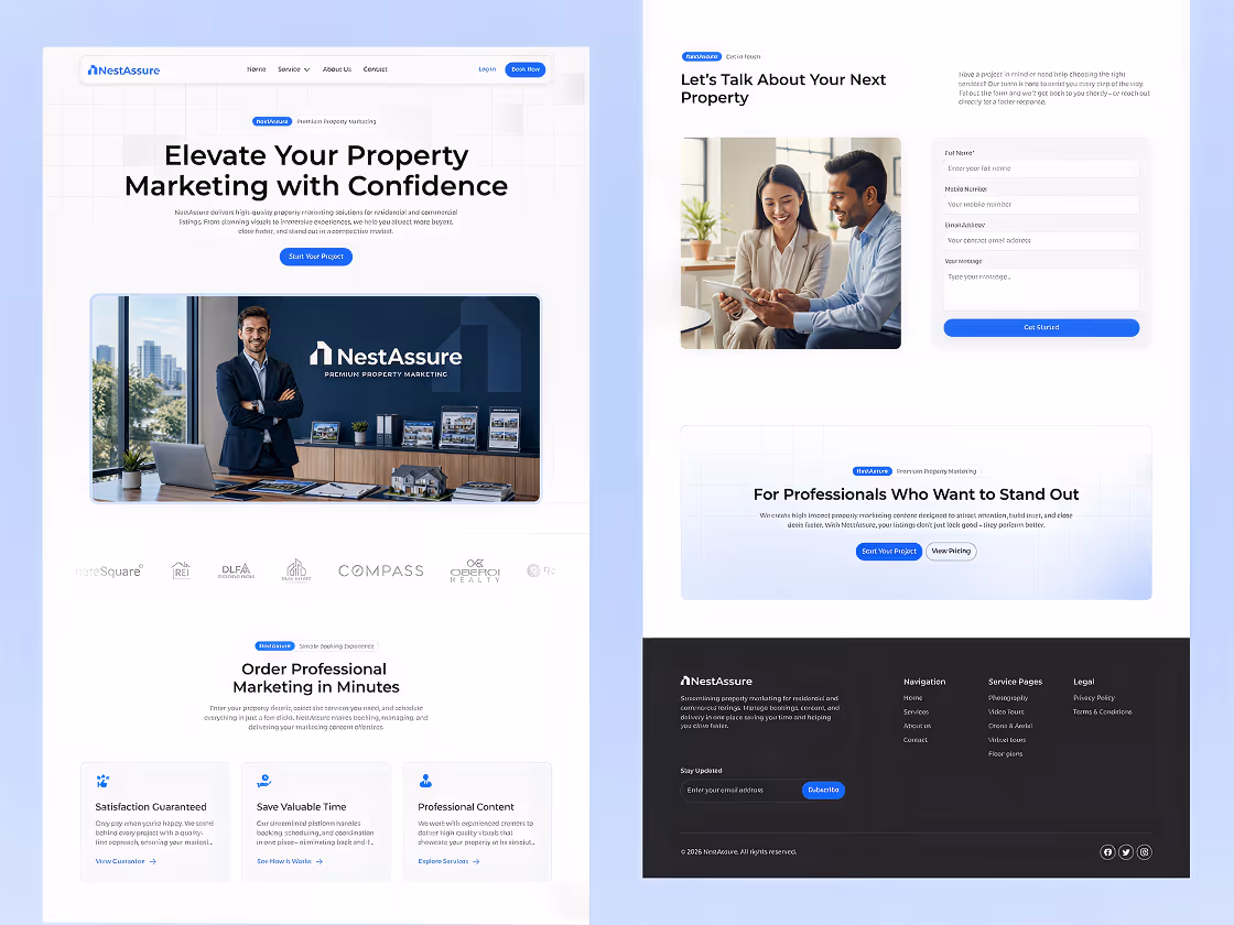 Website layout for NestAssure showcasing property marketing services with a professional man standing, client form, and service highlights.