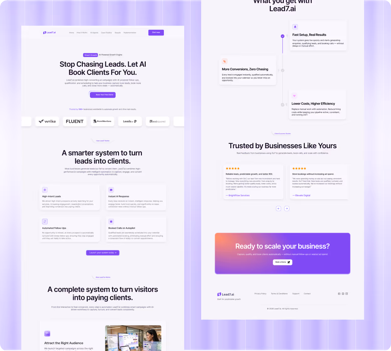 Lead7.ai website homepage showcasing AI-powered lead generation and booking system with features, testimonials, and call to action buttons.